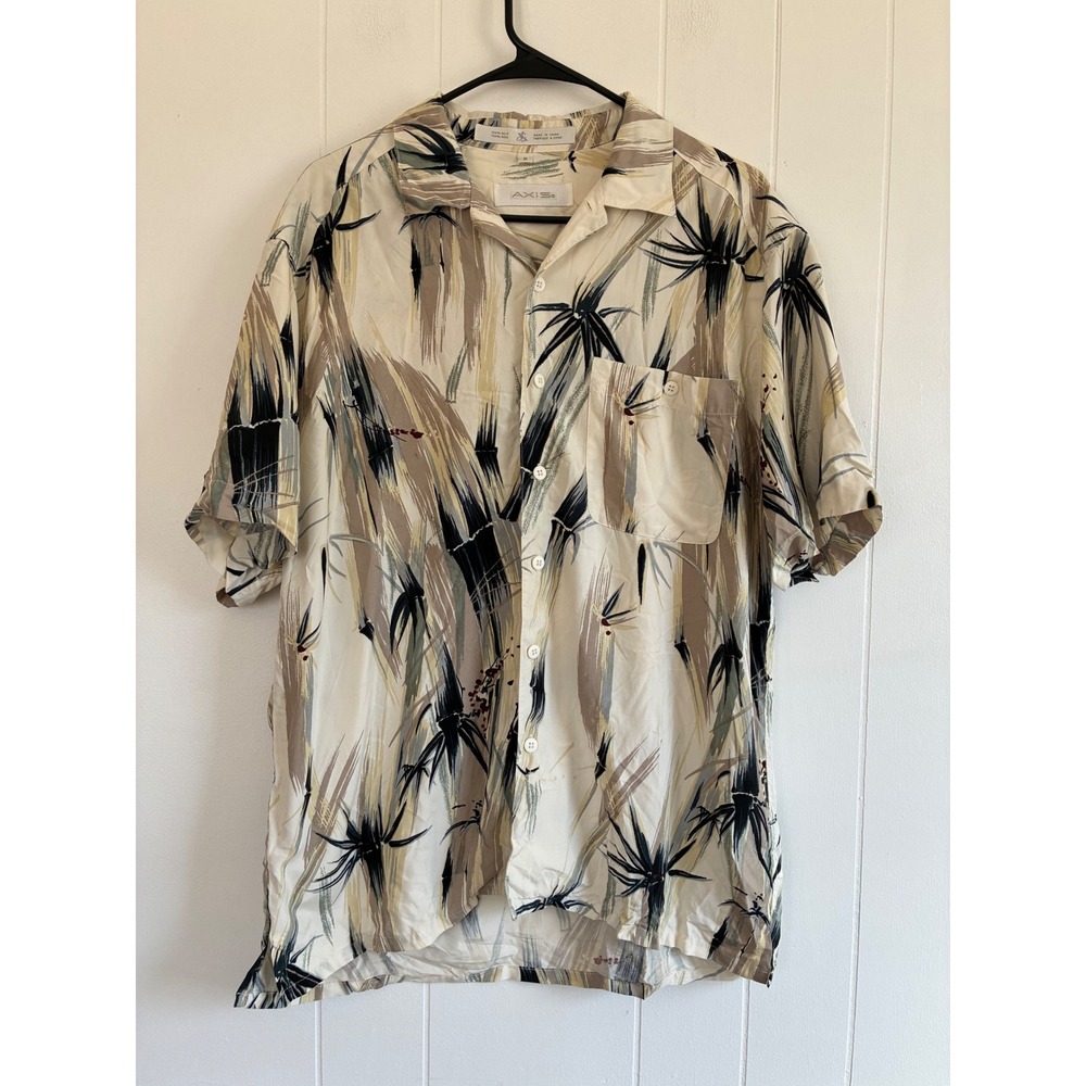 Axis Mens 100% Silk‎ Abstract Bamboo Palm Print Short Sleeve Button Down Shirt M